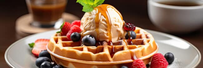 waffles with ice cream, caramel sauce and fresh berries on wooden table