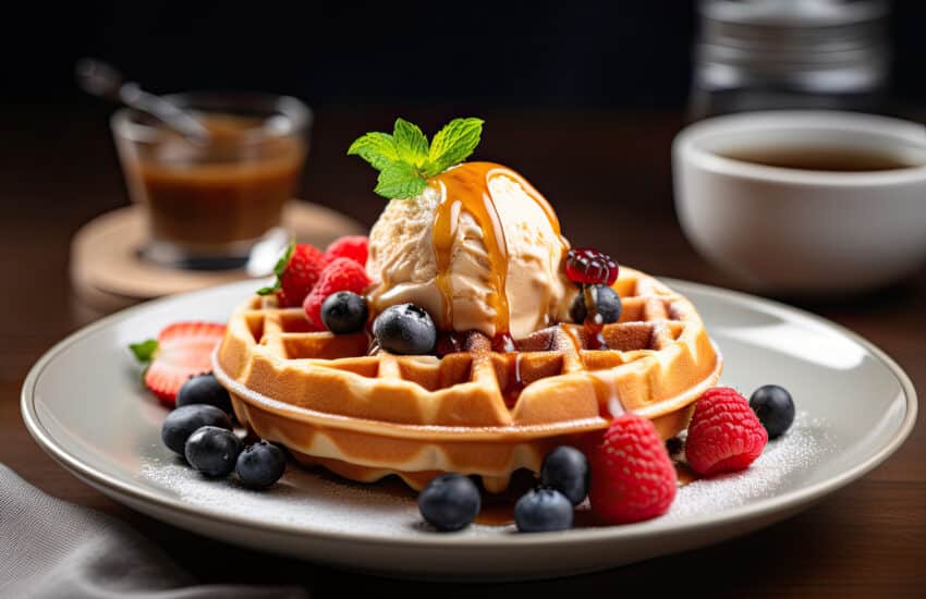 waffles with ice cream, caramel sauce and fresh berries on wooden table